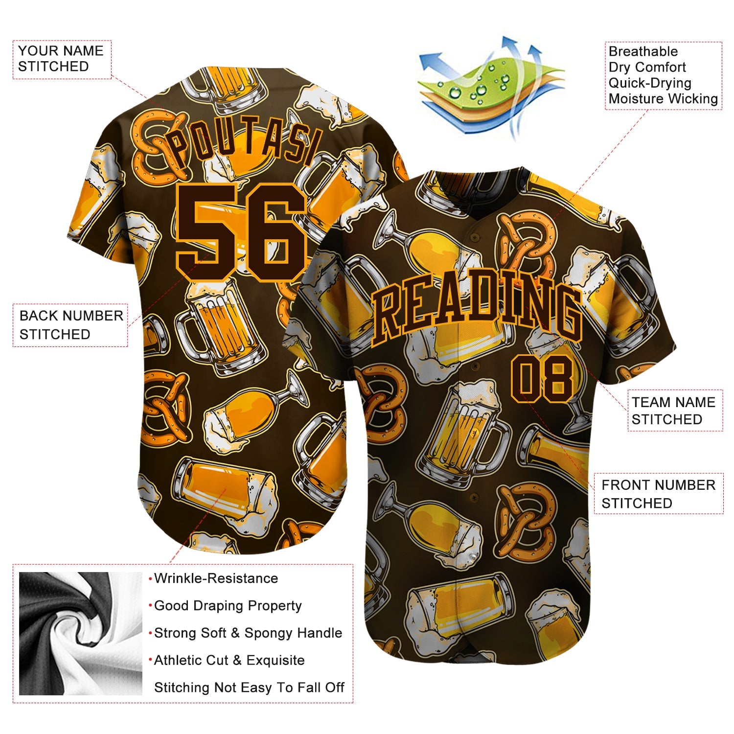 Custom 3D Pattern Design Beer Authentic Baseball Jersey view 3