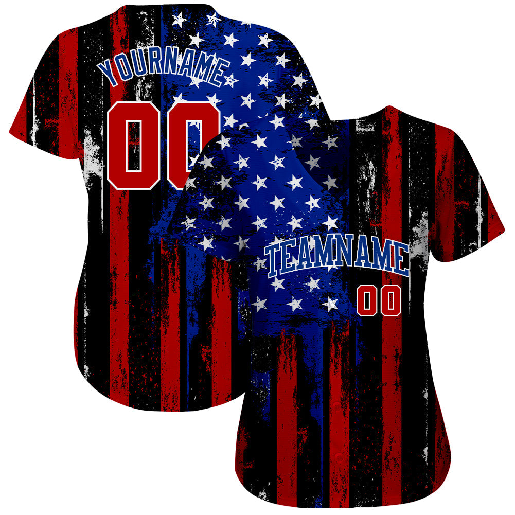 Custom Black Red Royal-White 3D Distressed American Flag Authentic Baseball Jersey view 2
