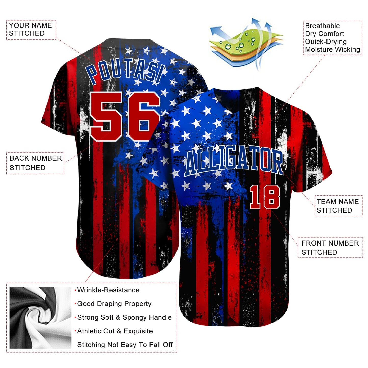 Custom Black Red Royal-White 3D Distressed American Flag Authentic Baseball Jersey view 3