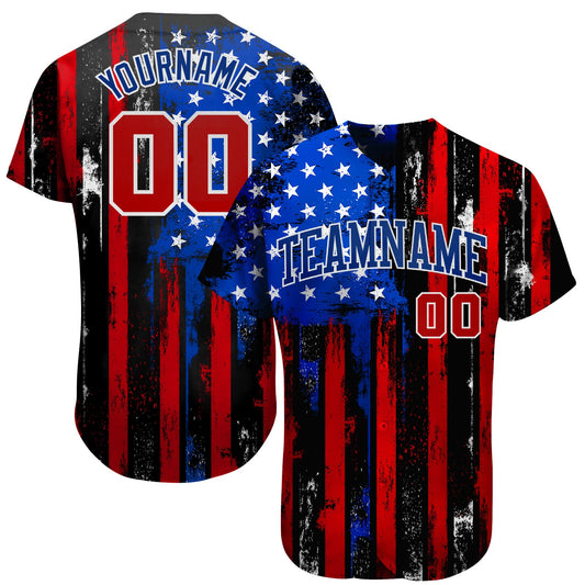 Custom Black Red Royal-White 3D Distressed American Flag Authentic Baseball Jersey - Main View