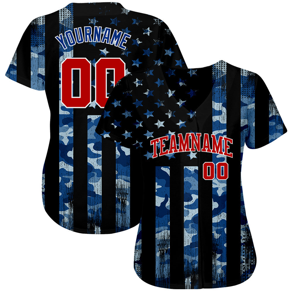 Custom Camo Royal Red-White 3D Salute To Service American Flag Authentic Baseball Jersey view 2