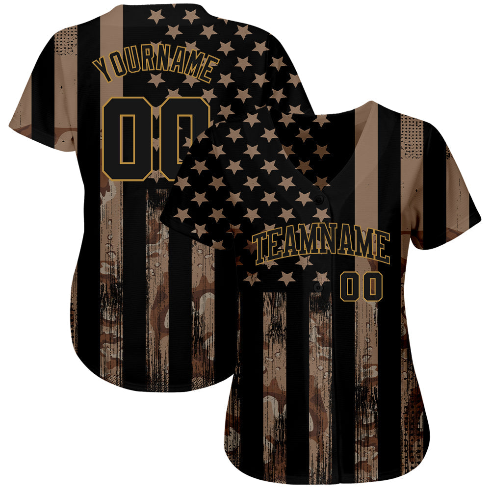Custom Camo Black-Old Gold 3D Salute To Service American Flag Authentic Baseball Jersey view 3