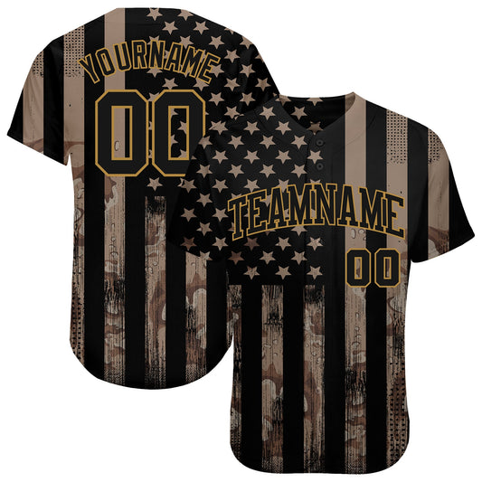 Custom Camo Black-Old Gold 3D Salute To Service American Flag Authentic Baseball Jersey - Main View