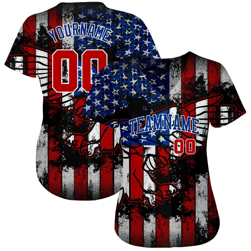 Custom Black Red Royal-White 3D Eagle American Flag Authentic Baseball Jersey view 2