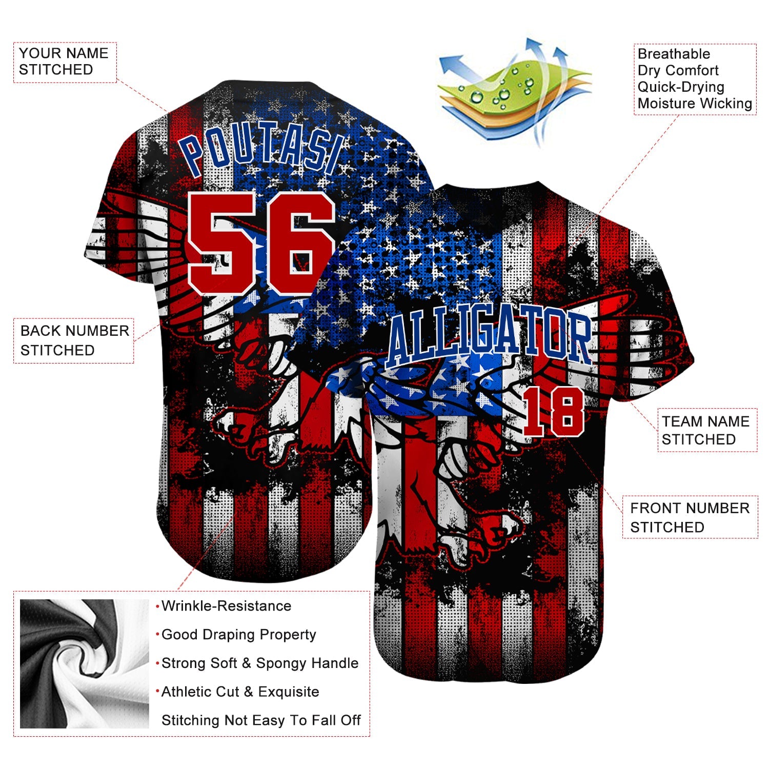 Custom Black Red Royal-White 3D Eagle American Flag Authentic Baseball Jersey view 3