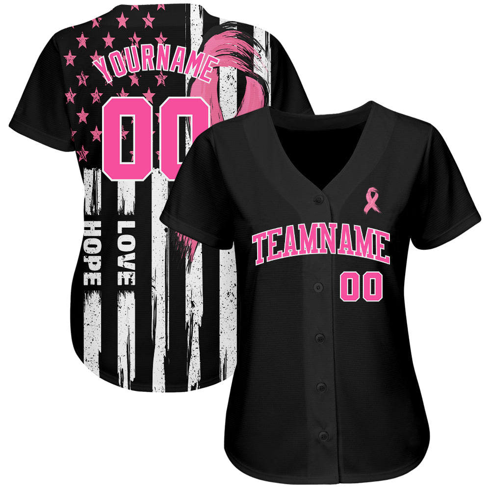 Custom 3D American Flag With Pink Ribbon Breast Cancer Awareness Month Women Health Care Support Authentic Baseball Jersey view 2