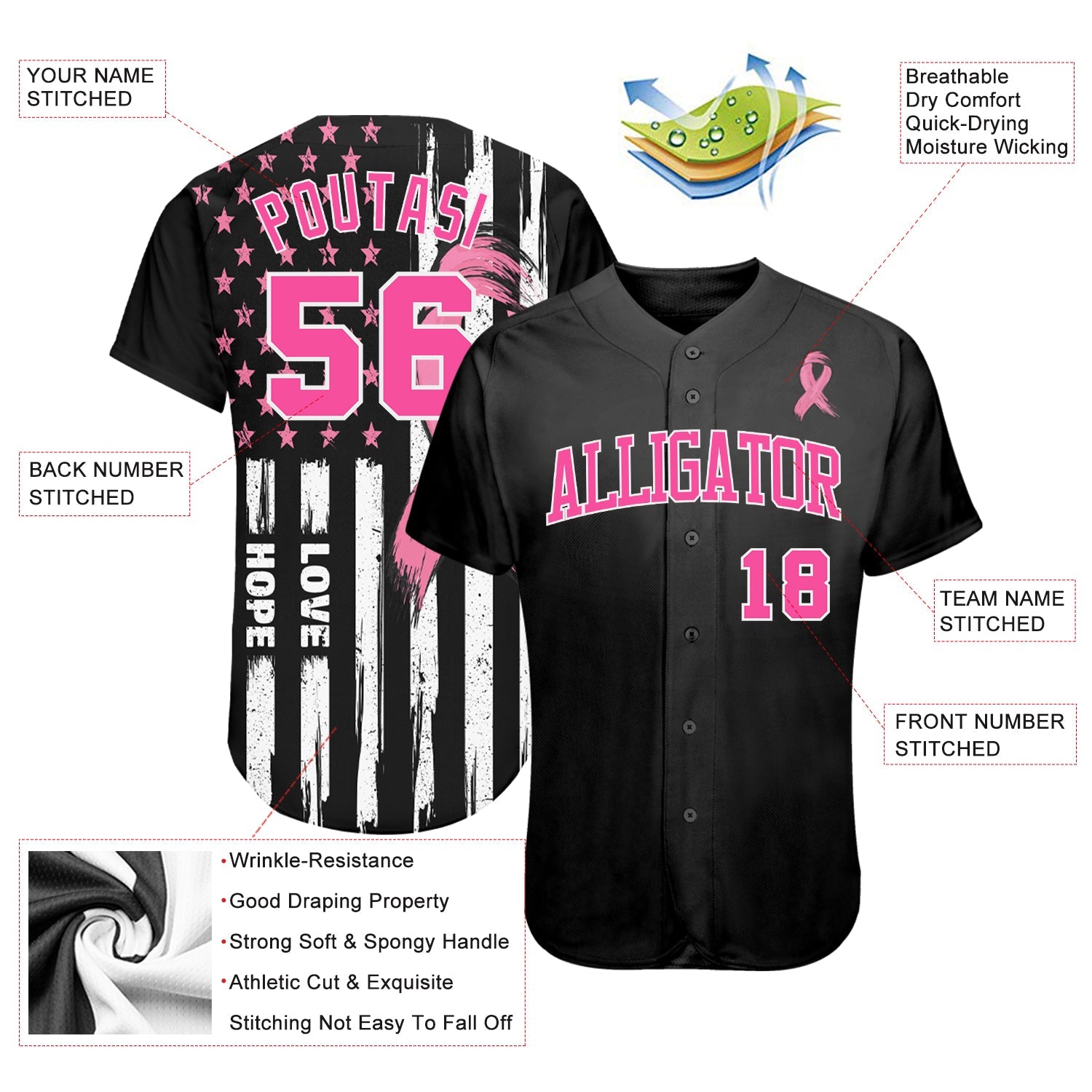 Custom 3D American Flag With Pink Ribbon Breast Cancer Awareness Month Women Health Care Support Authentic Baseball Jersey view 3