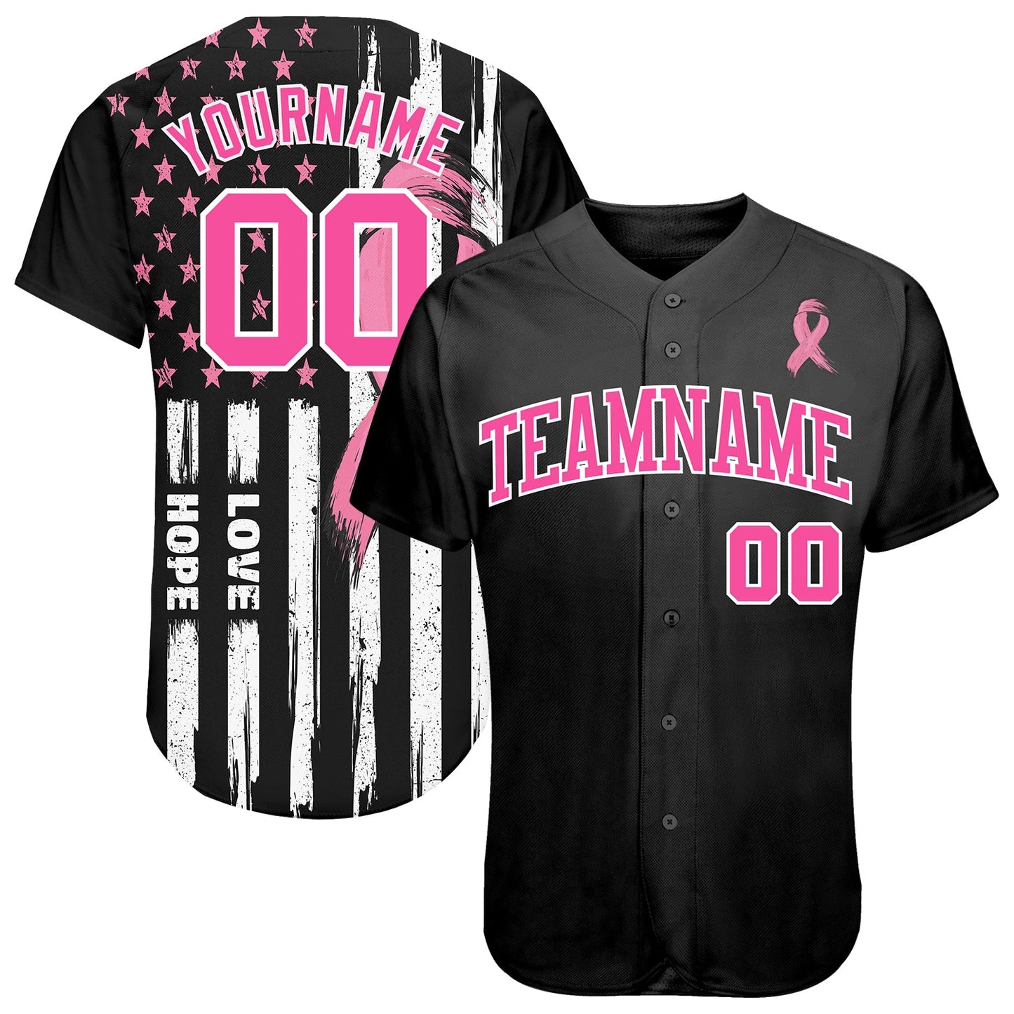 Custom 3D American Flag With Pink Ribbon Breast Cancer Awareness Month Women Health Care Support Authentic Baseball Jersey - Main View