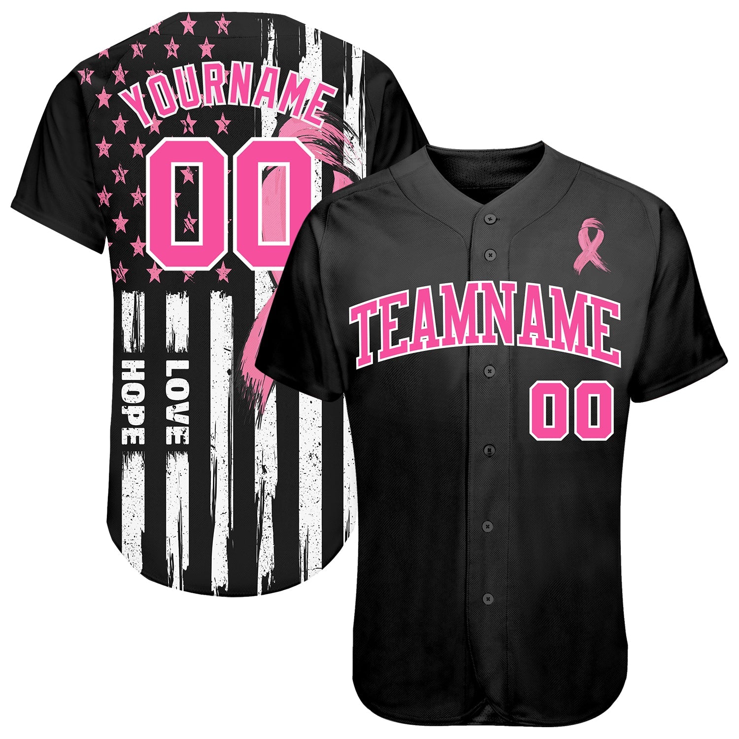 Custom 3D American Flag With Pink Ribbon Breast Cancer Awareness Month Women Health Care Support Authentic Baseball Jersey - Main View