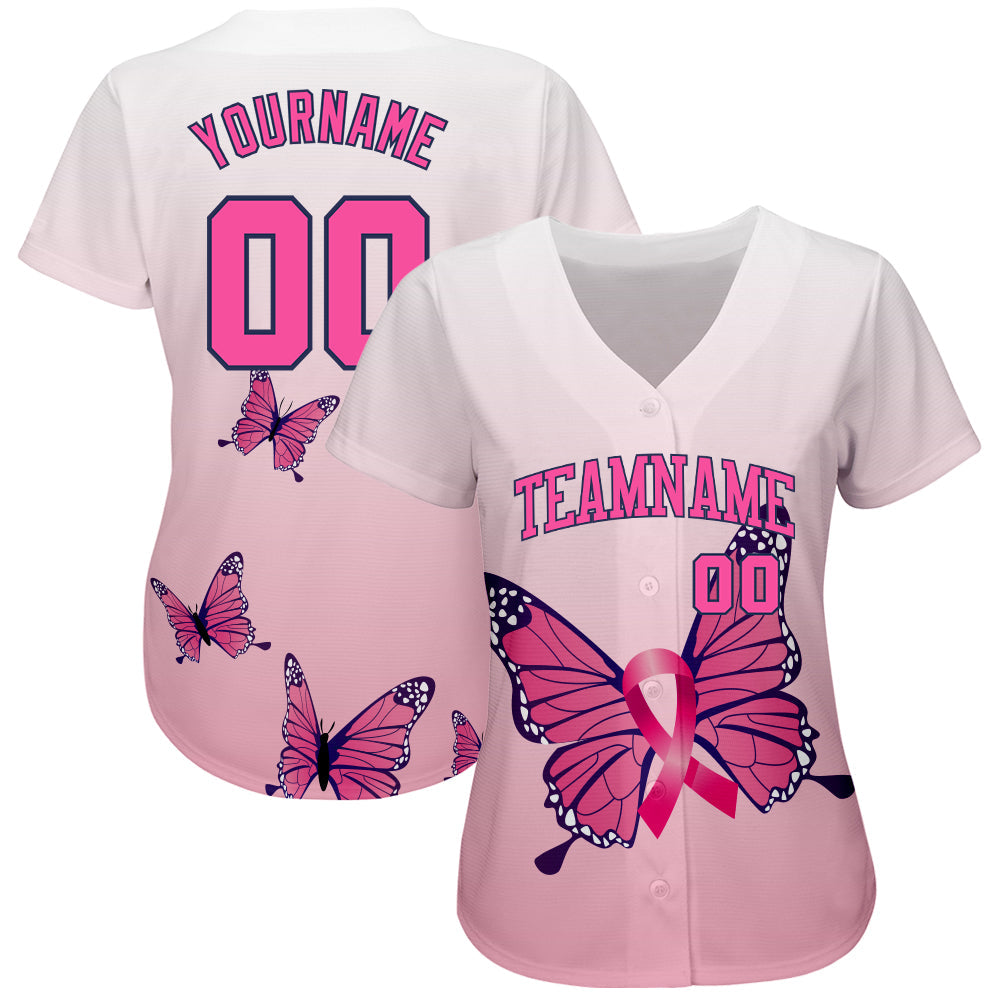 Custom 3D Pink Ribbon Breast Cancer Awareness Month With Butterflies Women Health Care Support Authentic Baseball Jersey view 2