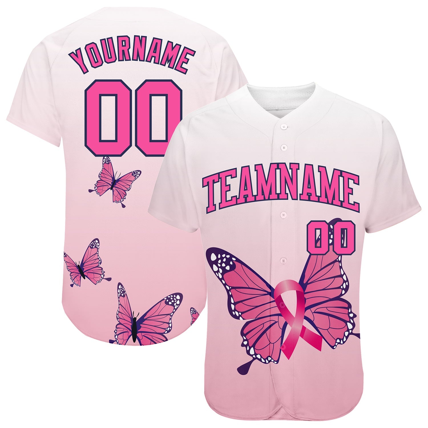 Custom 3D Pink Ribbon Breast Cancer Awareness Month With Butterflies Women Health Care Support Authentic Baseball Jersey - Main View