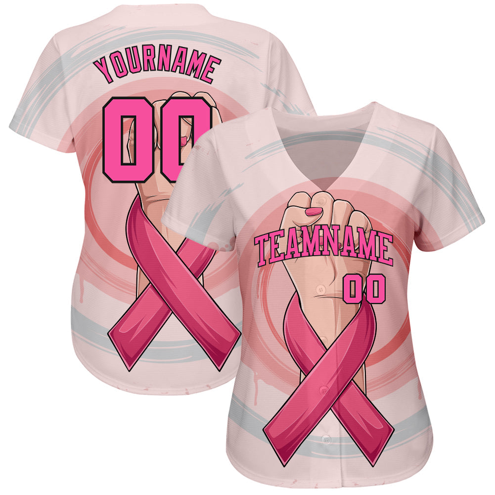 Custom 3D Breast Cancer Awareness Month With Woman Hand And Pink Ribbon Women Health Care Support Authentic Baseball Jersey view 2