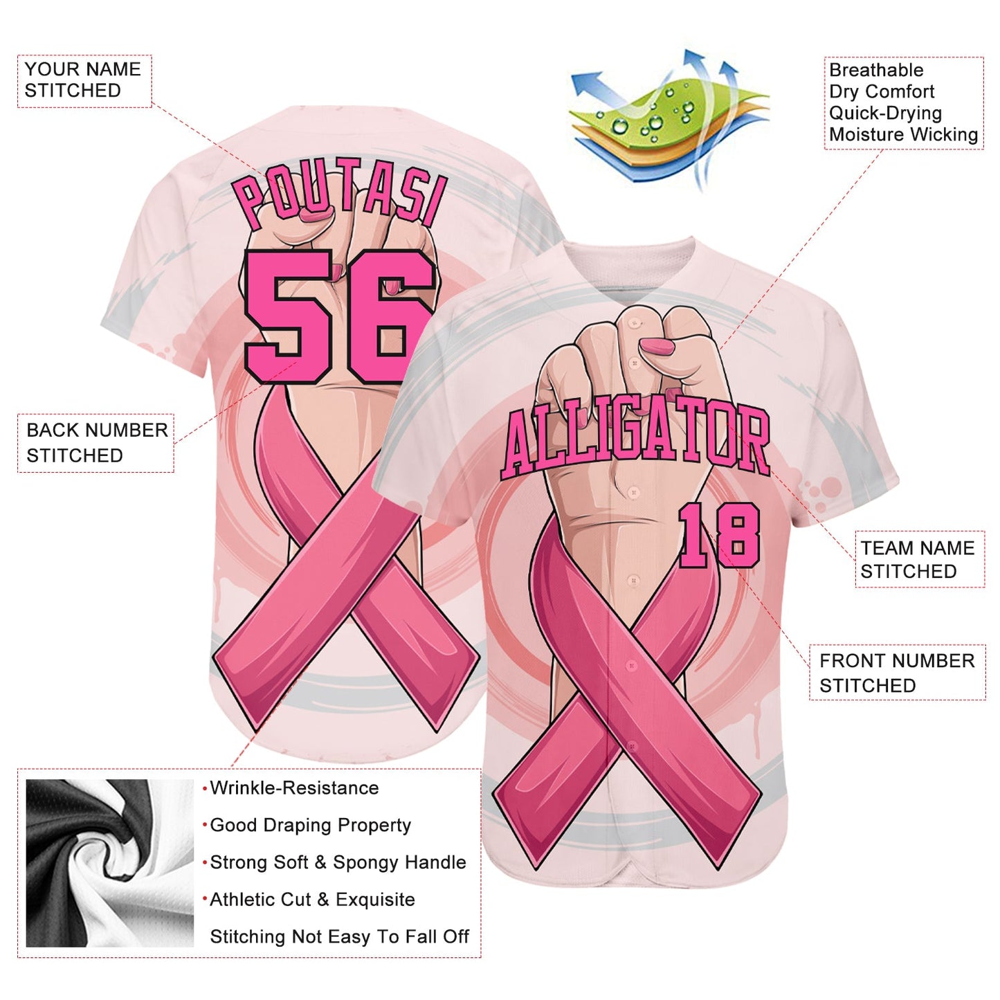 Custom 3D Breast Cancer Awareness Month With Woman Hand And Pink Ribbon Women Health Care Support Authentic Baseball Jersey view 3