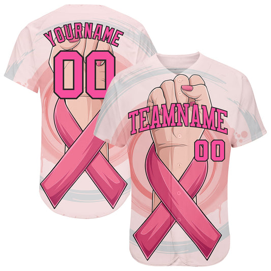 Custom 3D Breast Cancer Awareness Month With Woman Hand And Pink Ribbon Women Health Care Support Authentic Baseball Jersey - Main View
