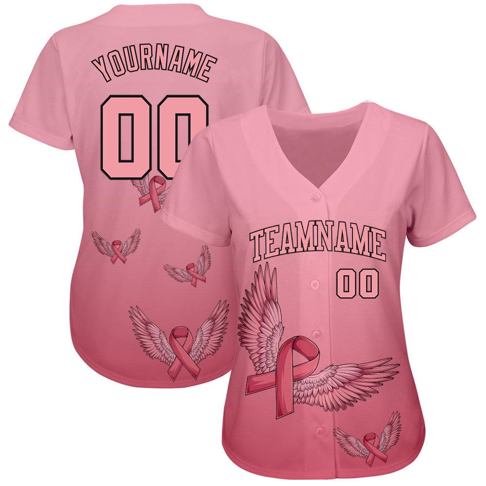 Custom 3D Pink Ribbon With Angel Wings Breast Cancer Awareness Month Women Health Care Support Authentic Baseball Jersey view 2