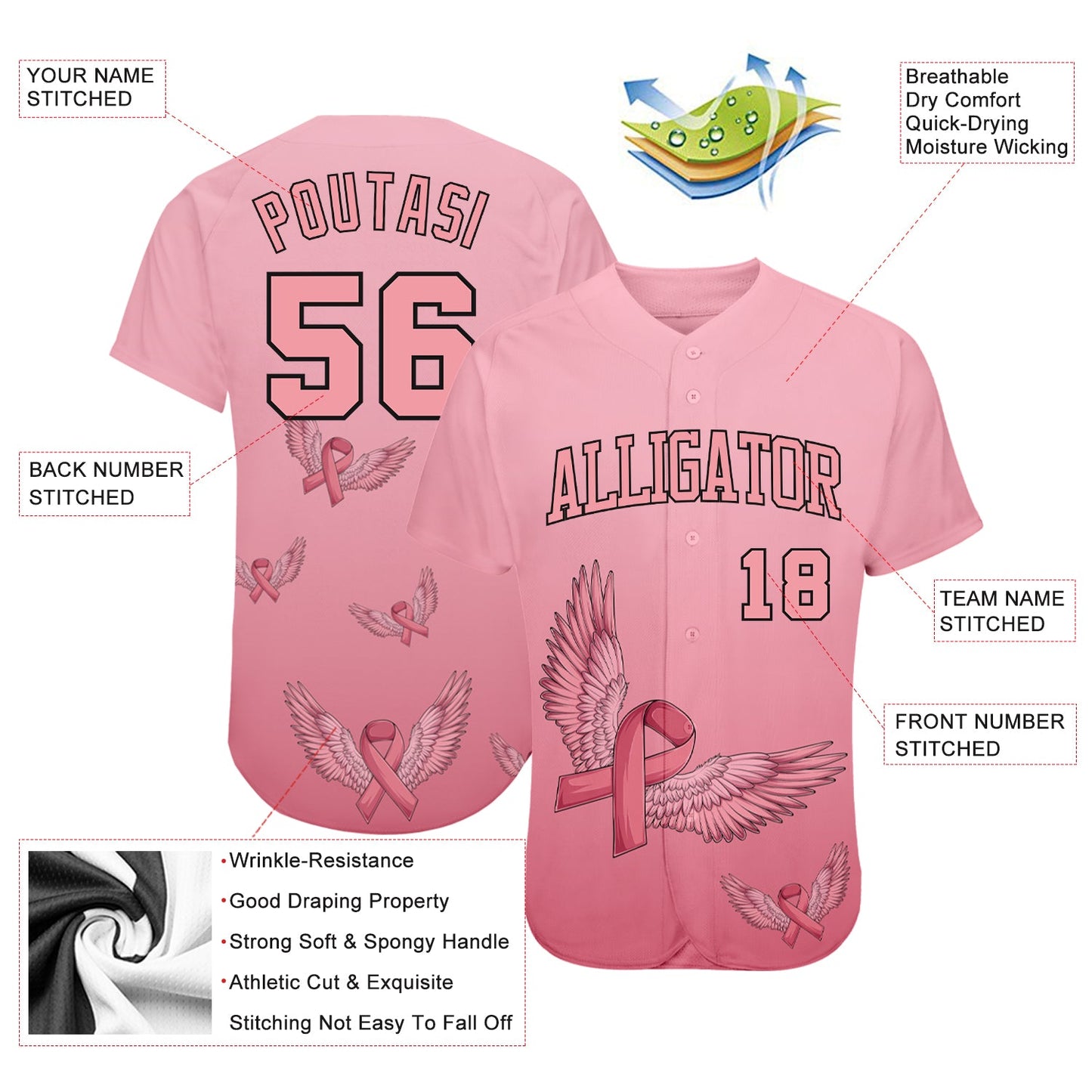 Custom 3D Pink Ribbon With Angel Wings Breast Cancer Awareness Month Women Health Care Support Authentic Baseball Jersey view 3