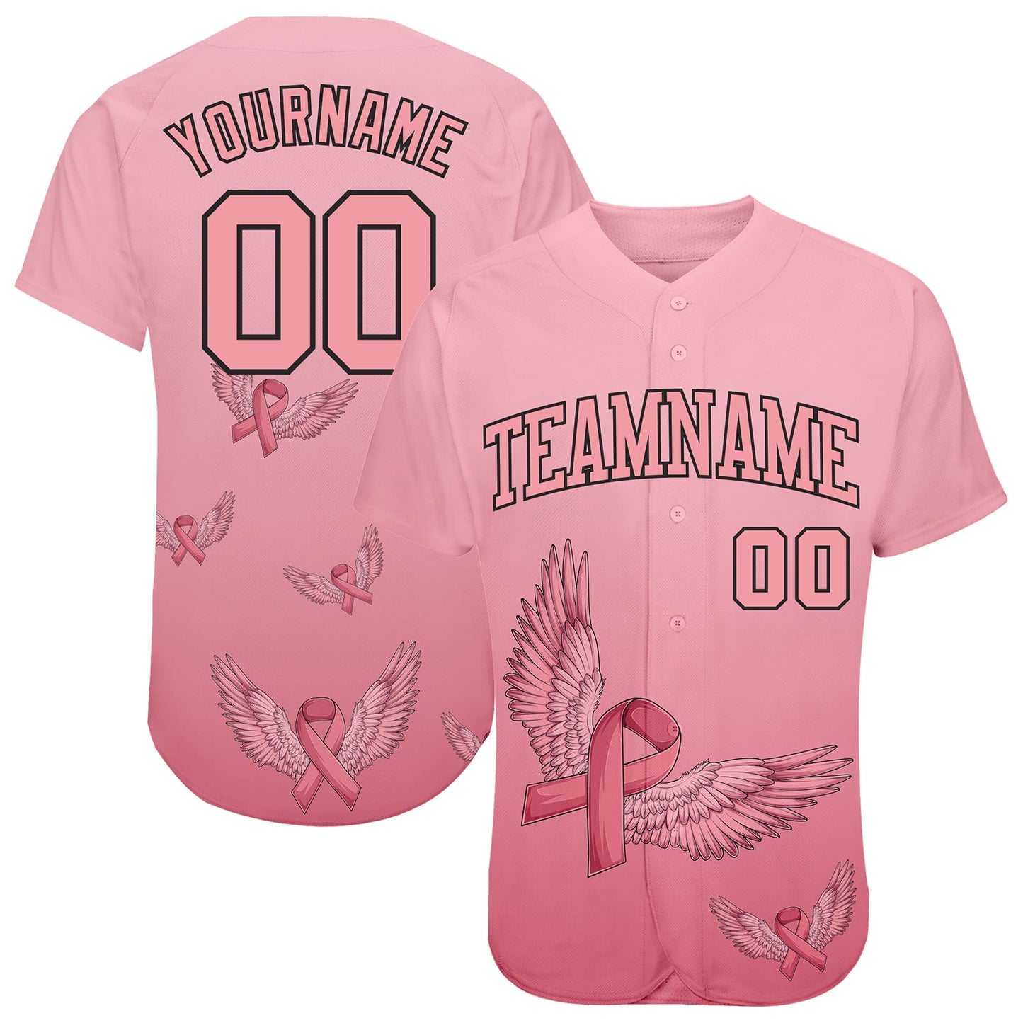 Custom 3D Pink Ribbon With Angel Wings Breast Cancer Awareness Month Women Health Care Support Authentic Baseball Jersey - Main View