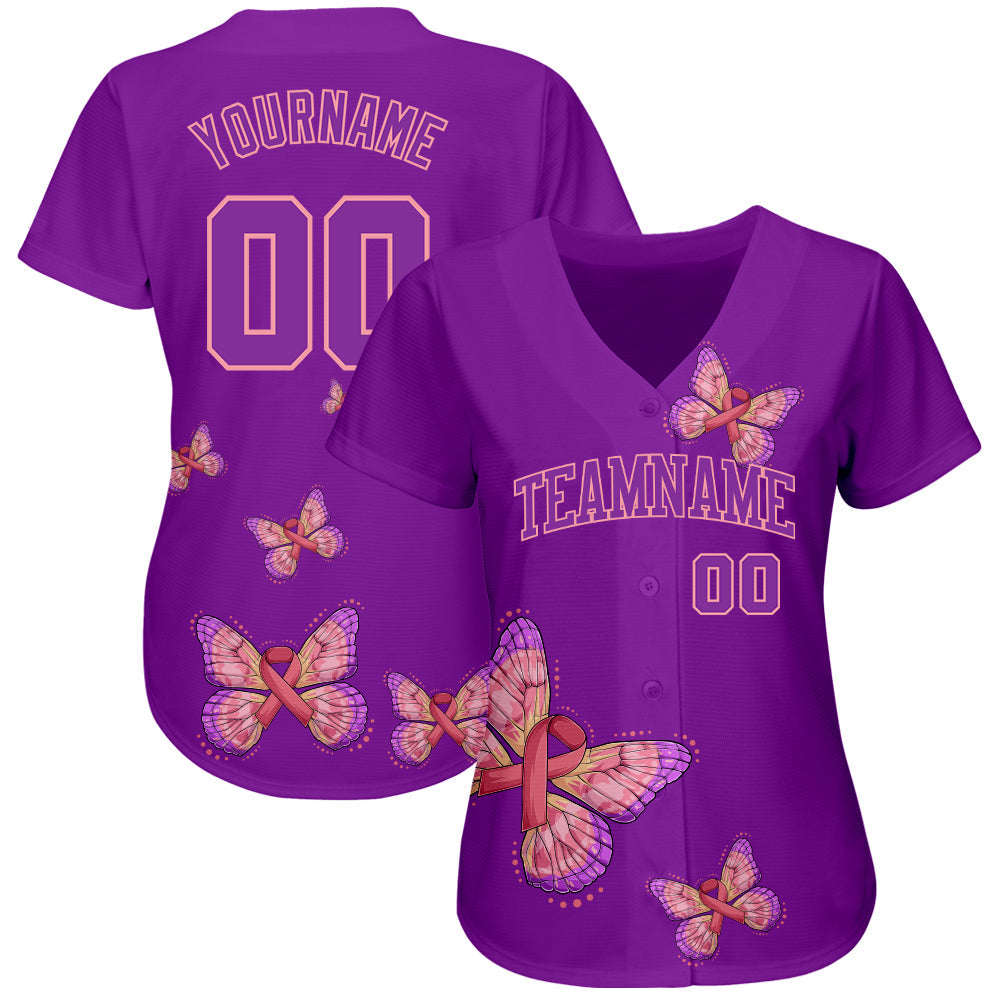 Custom 3D Pink Ribbon With Butterfly Wings Breast Cancer Awareness Month Women Health Care Support Authentic Baseball Jersey view 2