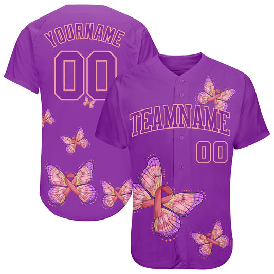 Custom 3D Pink Ribbon With Butterfly Wings Breast Cancer Awareness Month Women Health Care Support Authentic Baseball Jersey - Main View