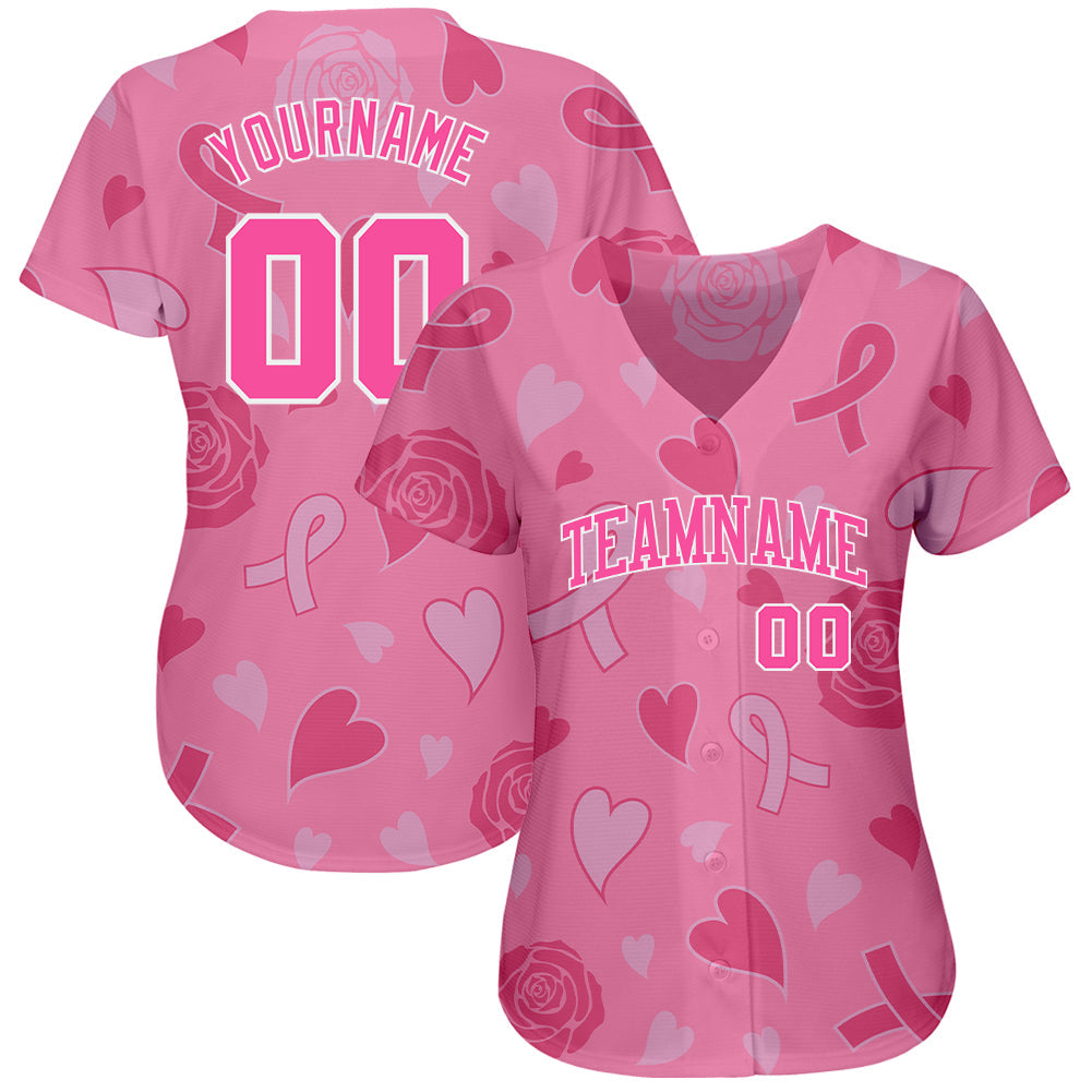 Custom 3D Pink Ribbon Breast Cancer Awareness Month Women Health Care Support Authentic Baseball Jersey view 2