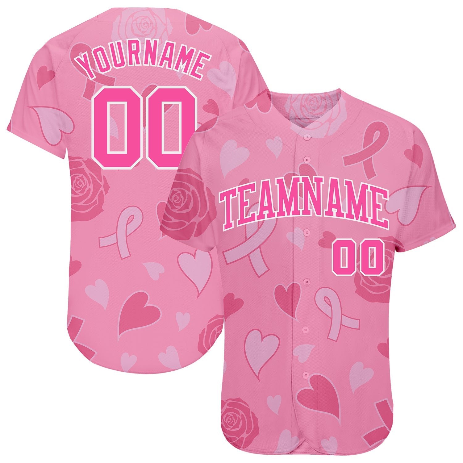 Custom 3D Pink Ribbon Breast Cancer Awareness Month Women Health Care Support Authentic Baseball Jersey - Main View
