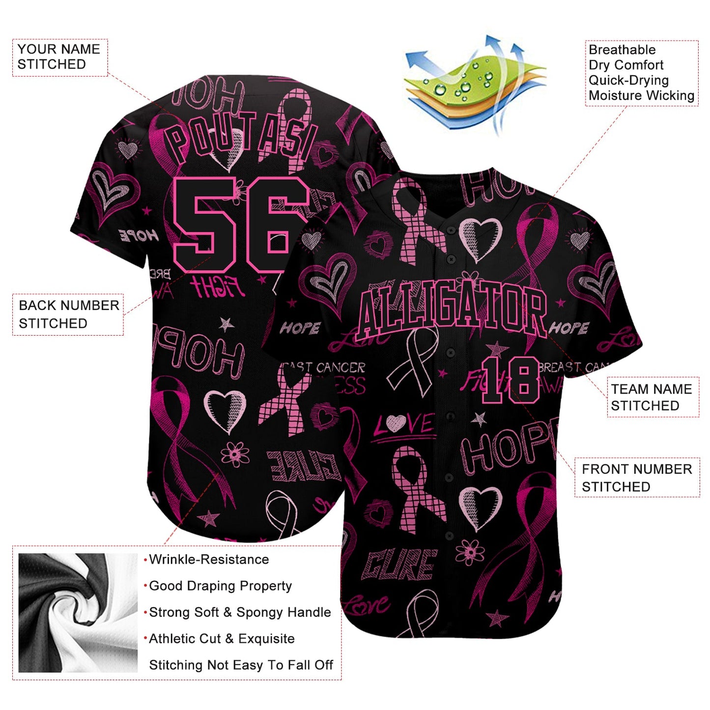 Custom 3D Pink Ribbon Breast Cancer Awareness Month Women Health Care Support Authentic Baseball Jersey view 3