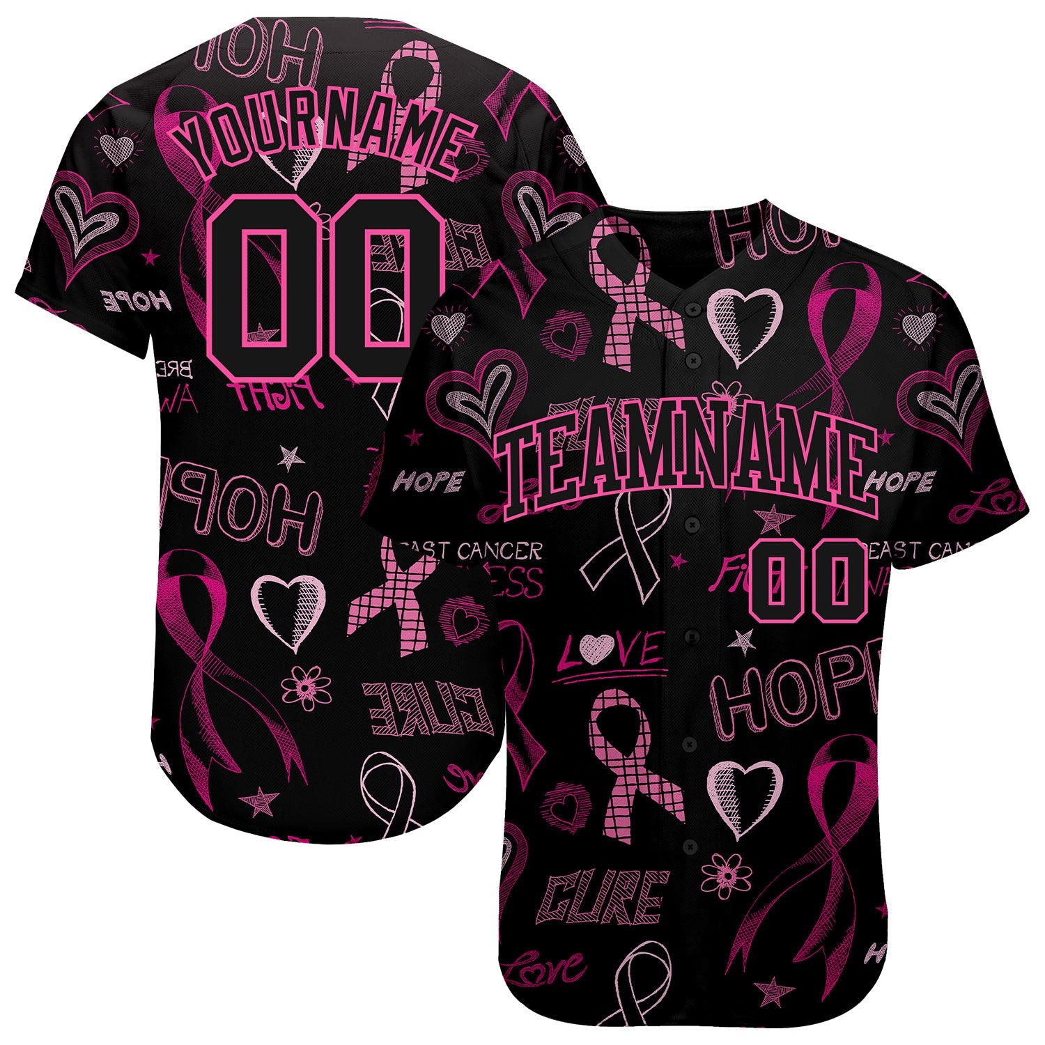 Custom 3D Pink Ribbon Breast Cancer Awareness Month Women Health Care Support Authentic Baseball Jersey - Main View
