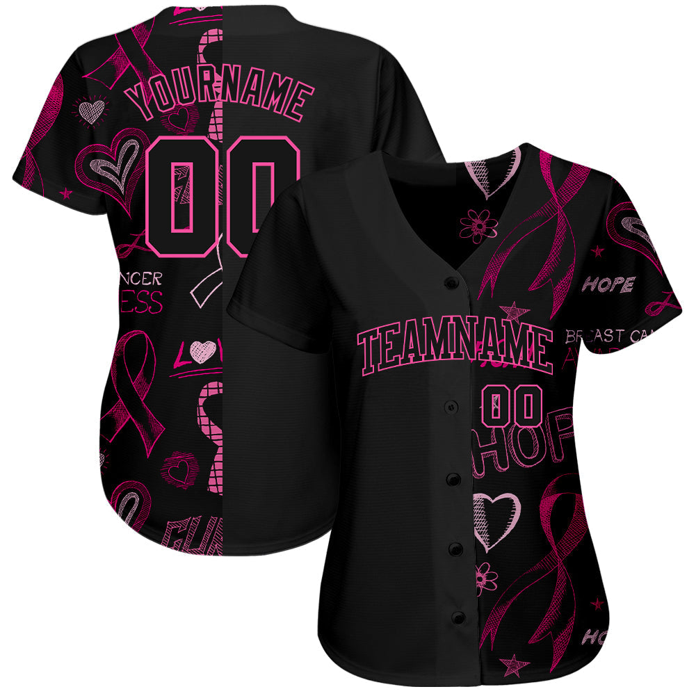 Custom 3D Pink Ribbon Breast Cancer Awareness Month Women Health Care Support Authentic Baseball Jersey view 3