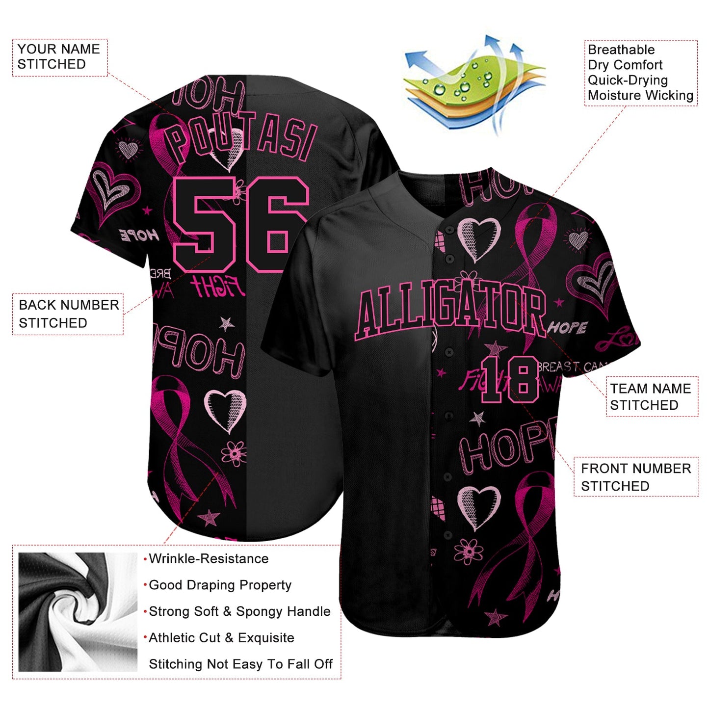 Custom 3D Pink Ribbon Breast Cancer Awareness Month Women Health Care Support Authentic Baseball Jersey view 4