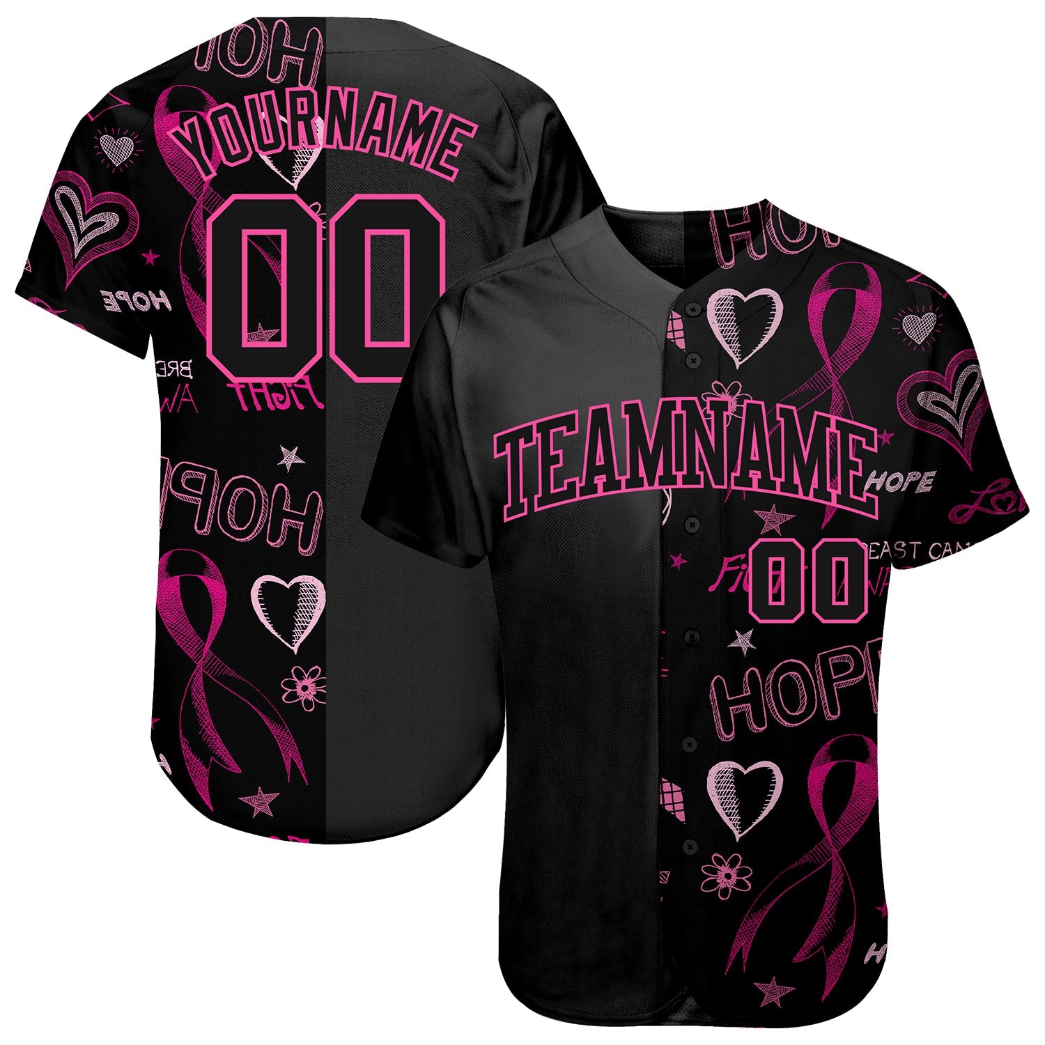 Custom 3D Pink Ribbon Breast Cancer Awareness Month Women Health Care Support Authentic Baseball Jersey - Main View