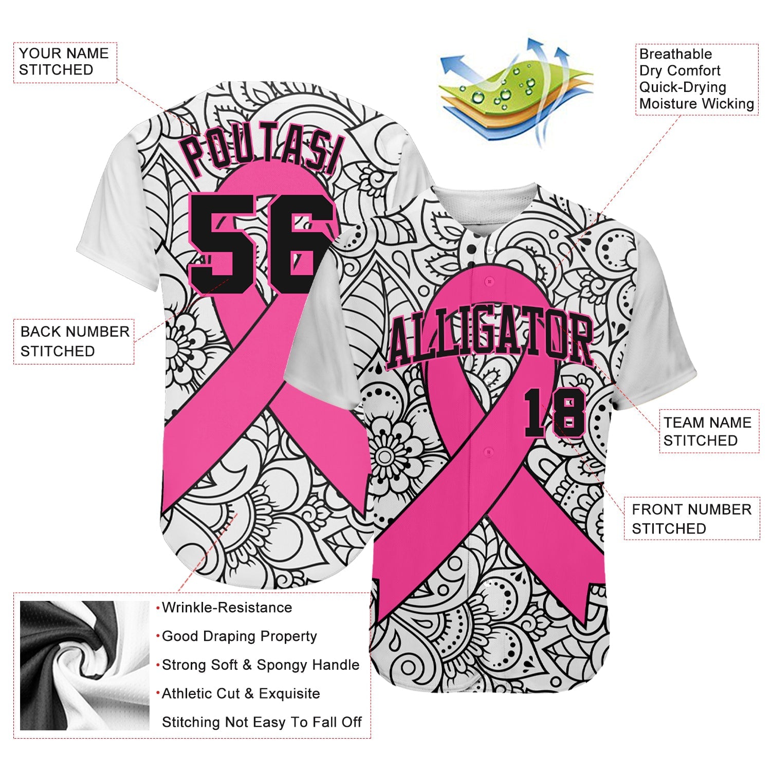 Custom 3D Pink Ribbon Breast Cancer Awareness Month Women Health Care Support Authentic Baseball Jersey view 3