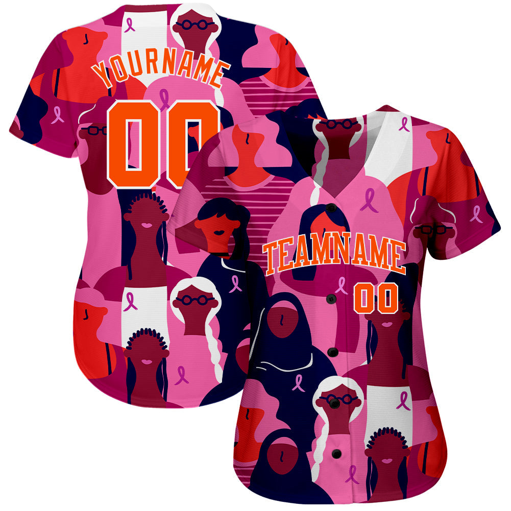 Custom 3D Pink Ribbon Breast Cancer Awareness Month Women Health Care Support Authentic Baseball Jersey view 2