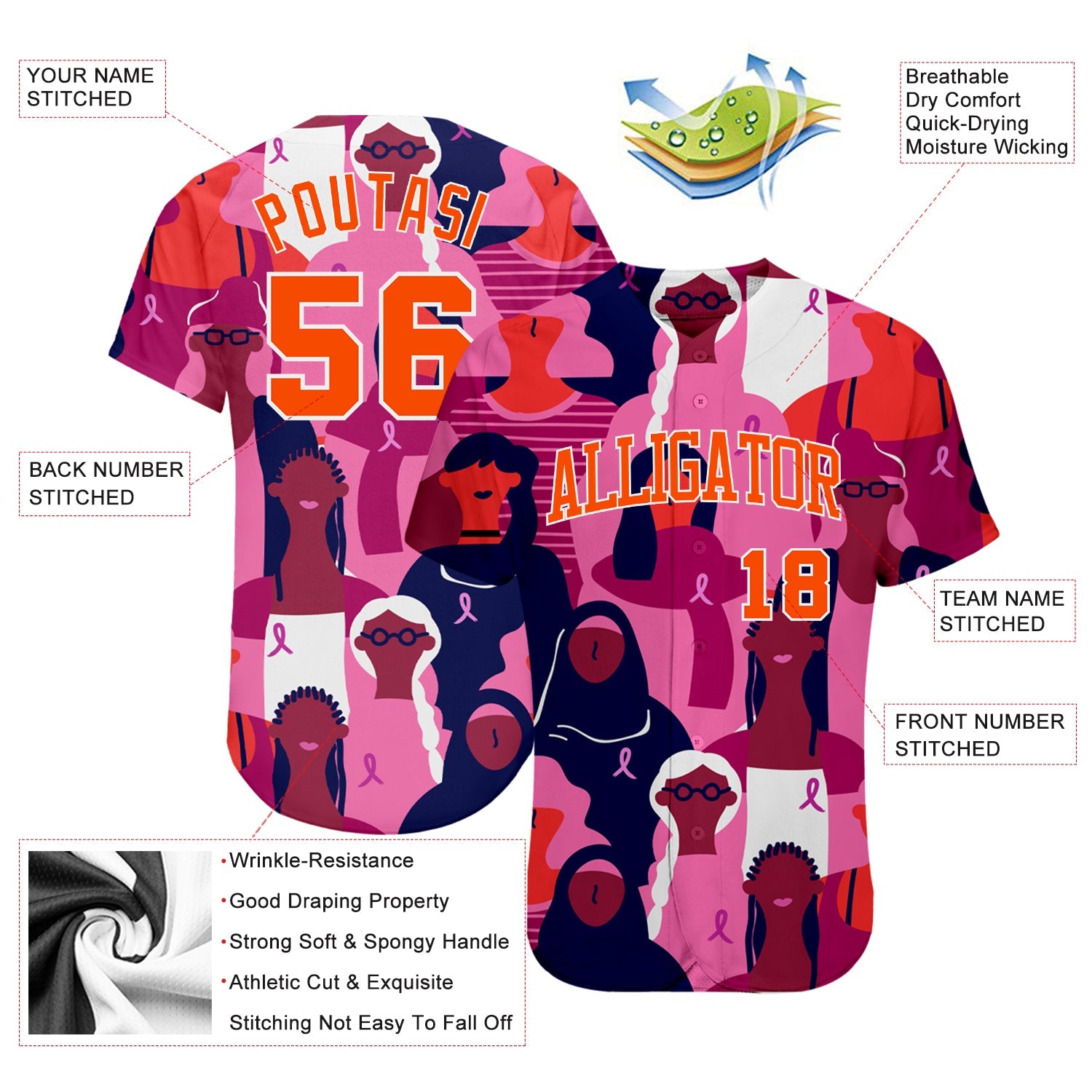 Custom 3D Pink Ribbon Breast Cancer Awareness Month Women Health Care Support Authentic Baseball Jersey view 3