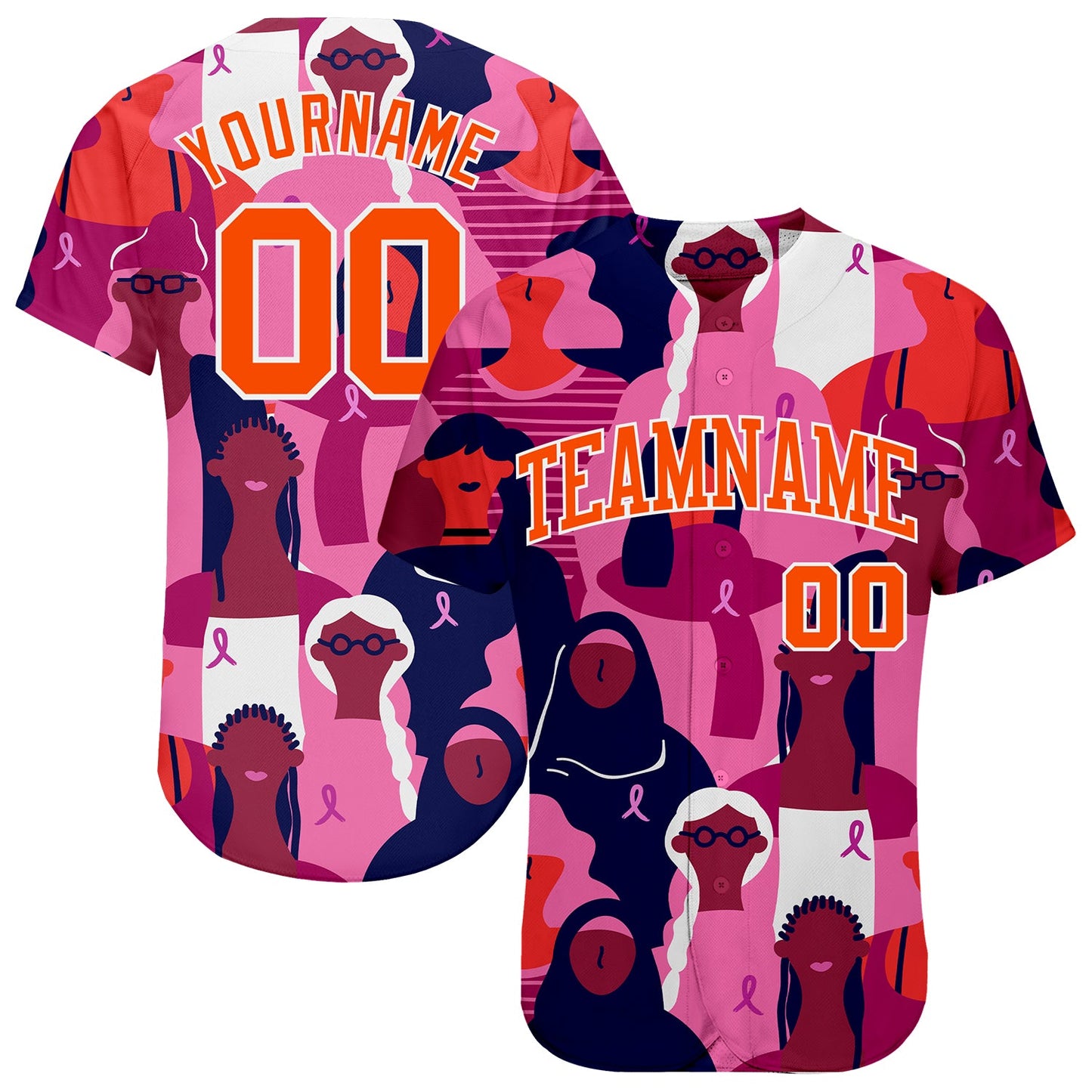 Custom 3D Pink Ribbon Breast Cancer Awareness Month Women Health Care Support Authentic Baseball Jersey - Main View