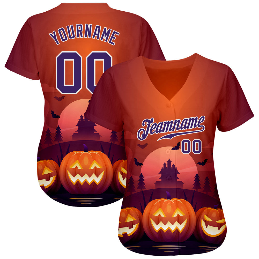 Custom 3D Pattern Halloween Pumpkins Horror Night Authentic Baseball Jersey view 2