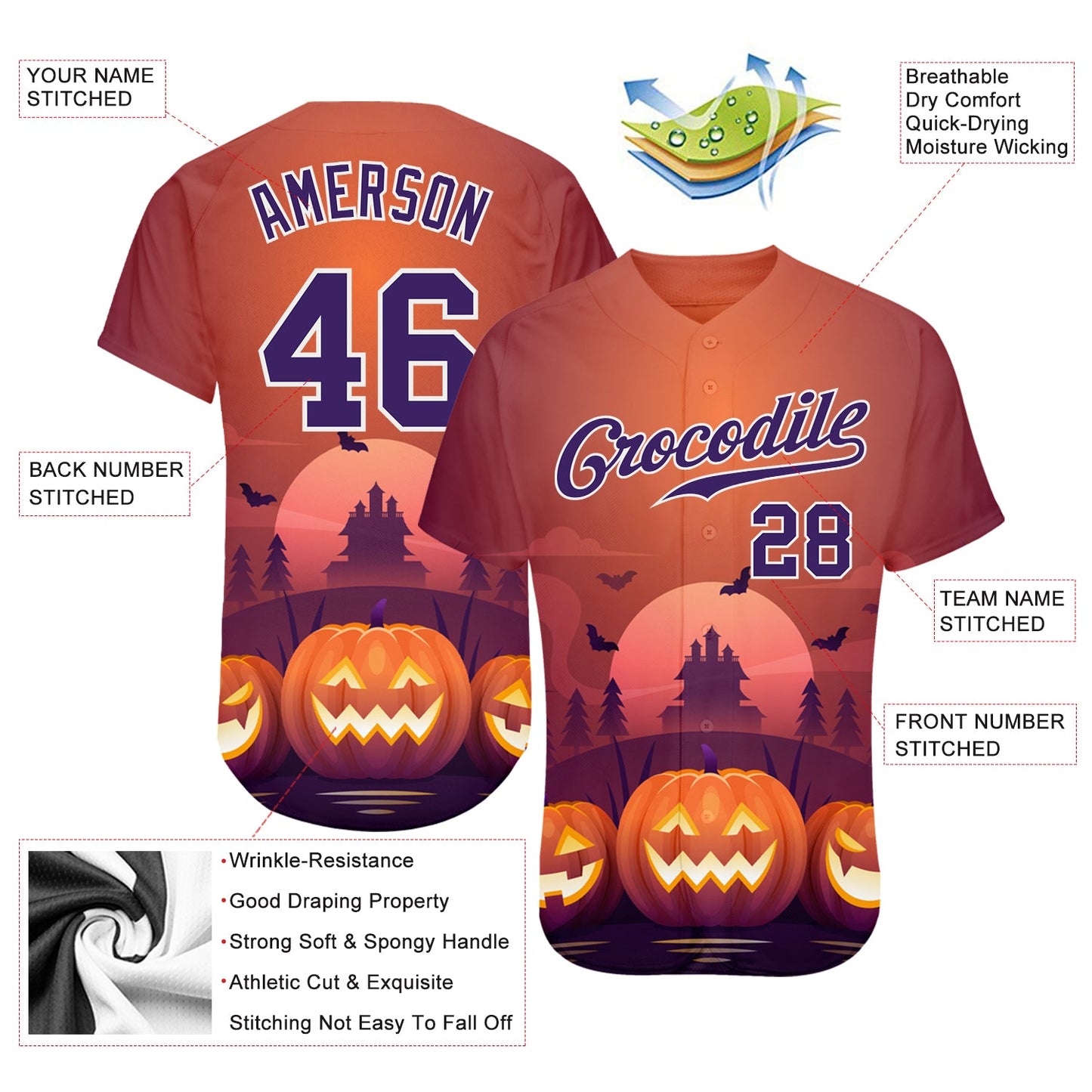Custom 3D Pattern Halloween Pumpkins Horror Night Authentic Baseball Jersey view 3