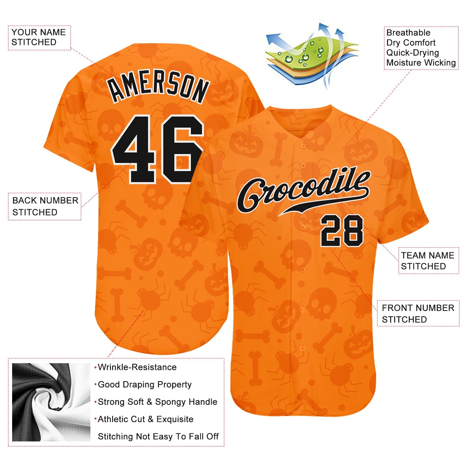 Custom 3D Pattern Halloween Pumpkins Skulls Candies Spiders Authentic Baseball Jersey view 3
