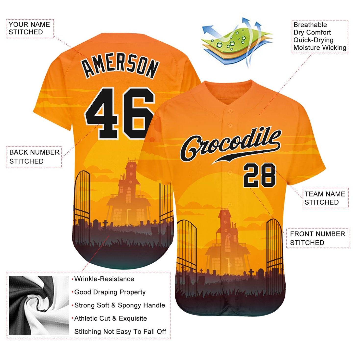 Custom 3D Pattern Halloween Horror Night Authentic Baseball Jersey view 3