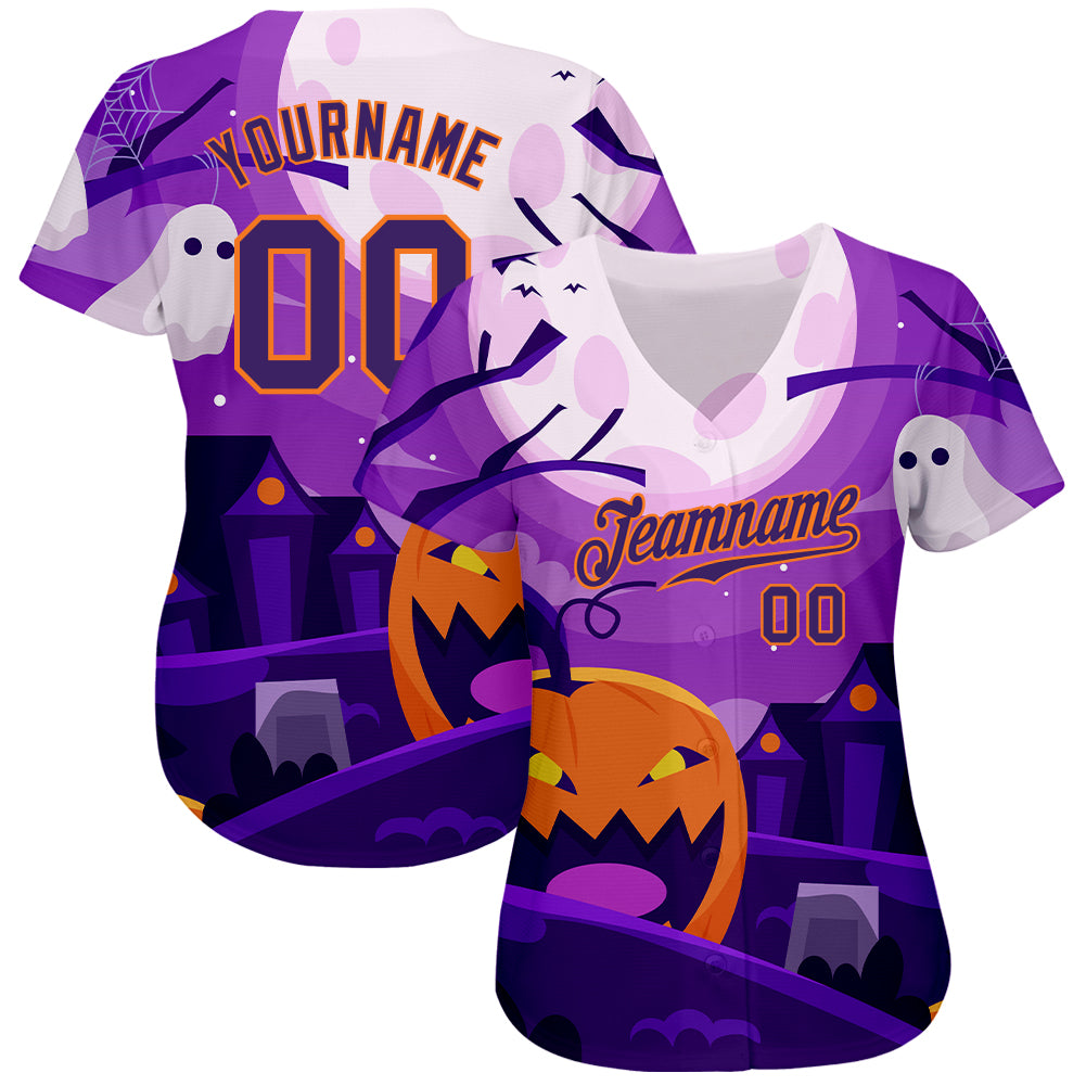 Custom 3D Pattern Halloween Pumpkins Horror Night Authentic Baseball Jersey view 2