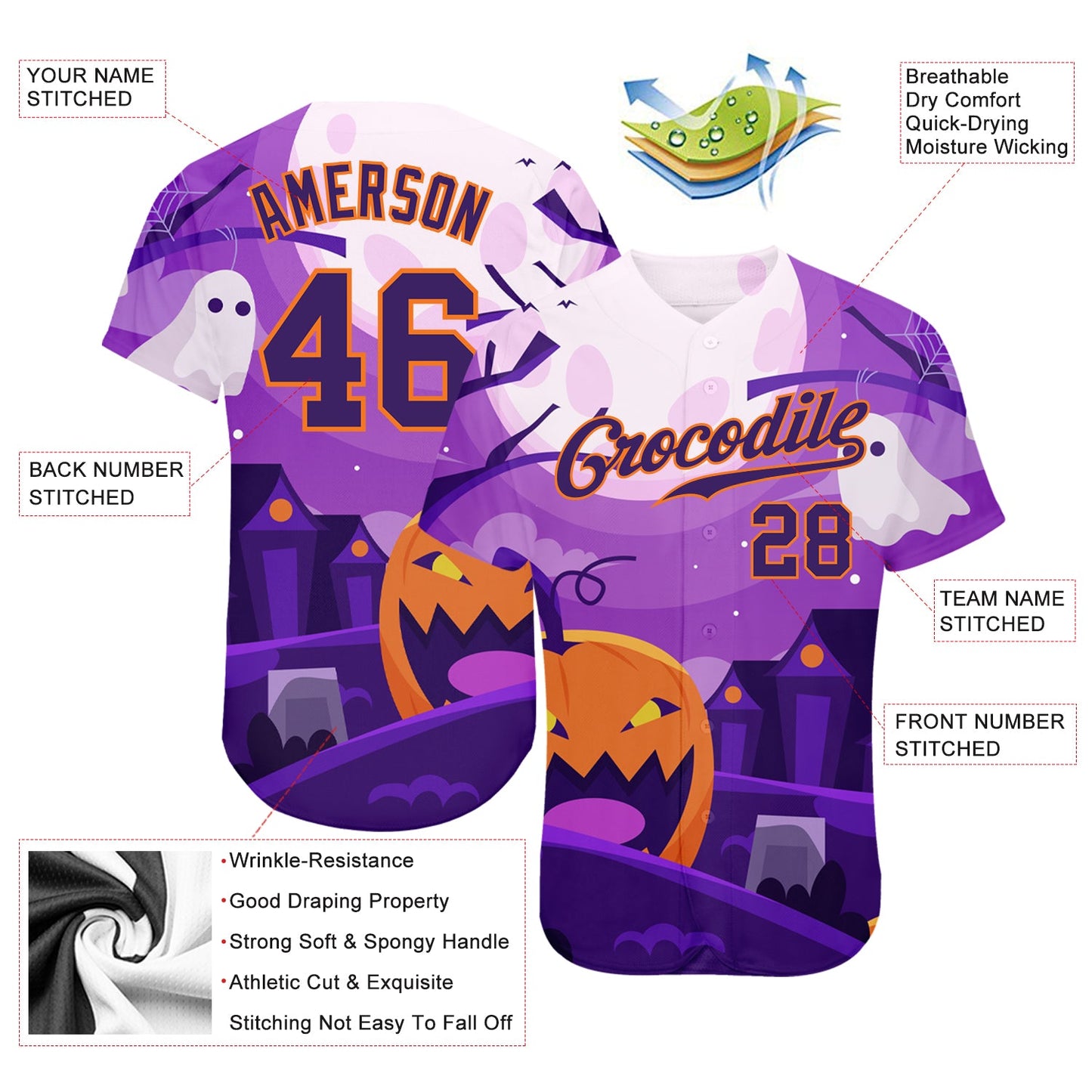 Custom 3D Pattern Halloween Pumpkins Horror Night Authentic Baseball Jersey view 3