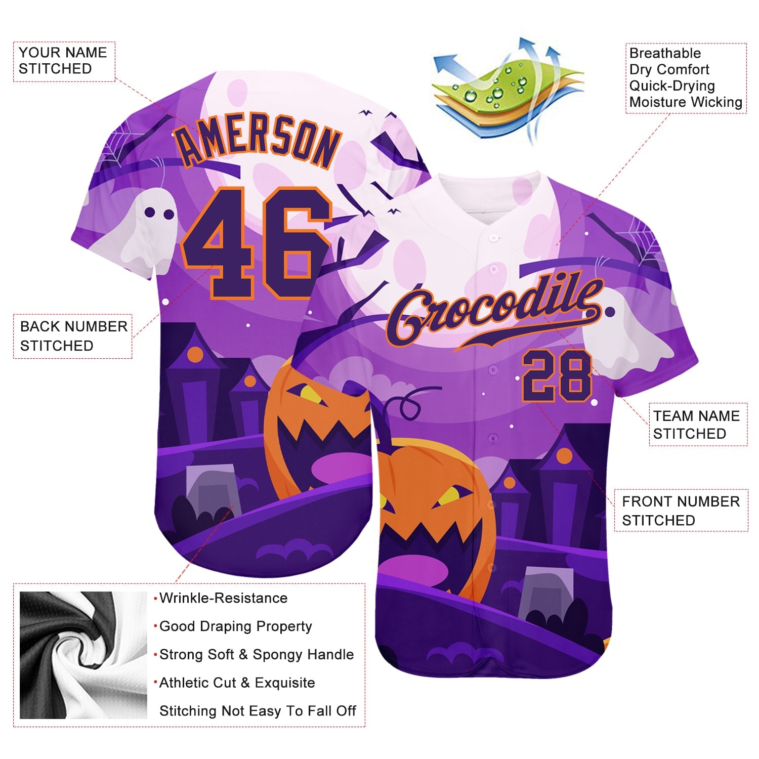 Custom 3D Pattern Halloween Pumpkins Horror Night Authentic Baseball Jersey view 3