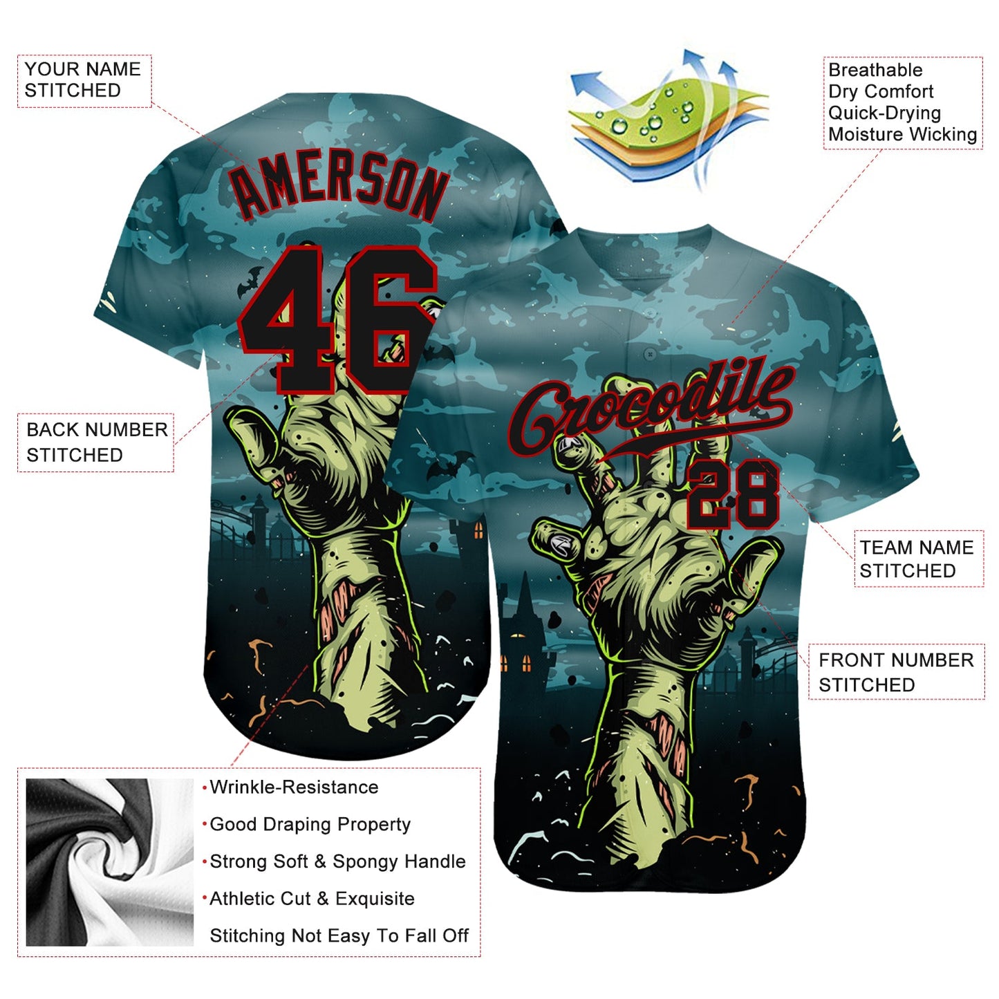 Custom 3D Pattern Halloween Horror Night Trick Treat Authentic Baseball Jersey view 3