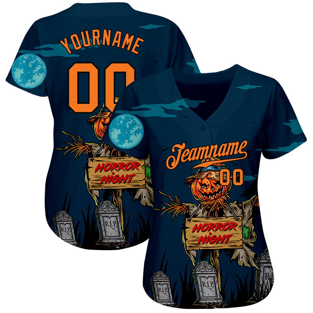 Custom 3D Pattern Halloween Pumpkins Horror Night Authentic Baseball Jersey view 2