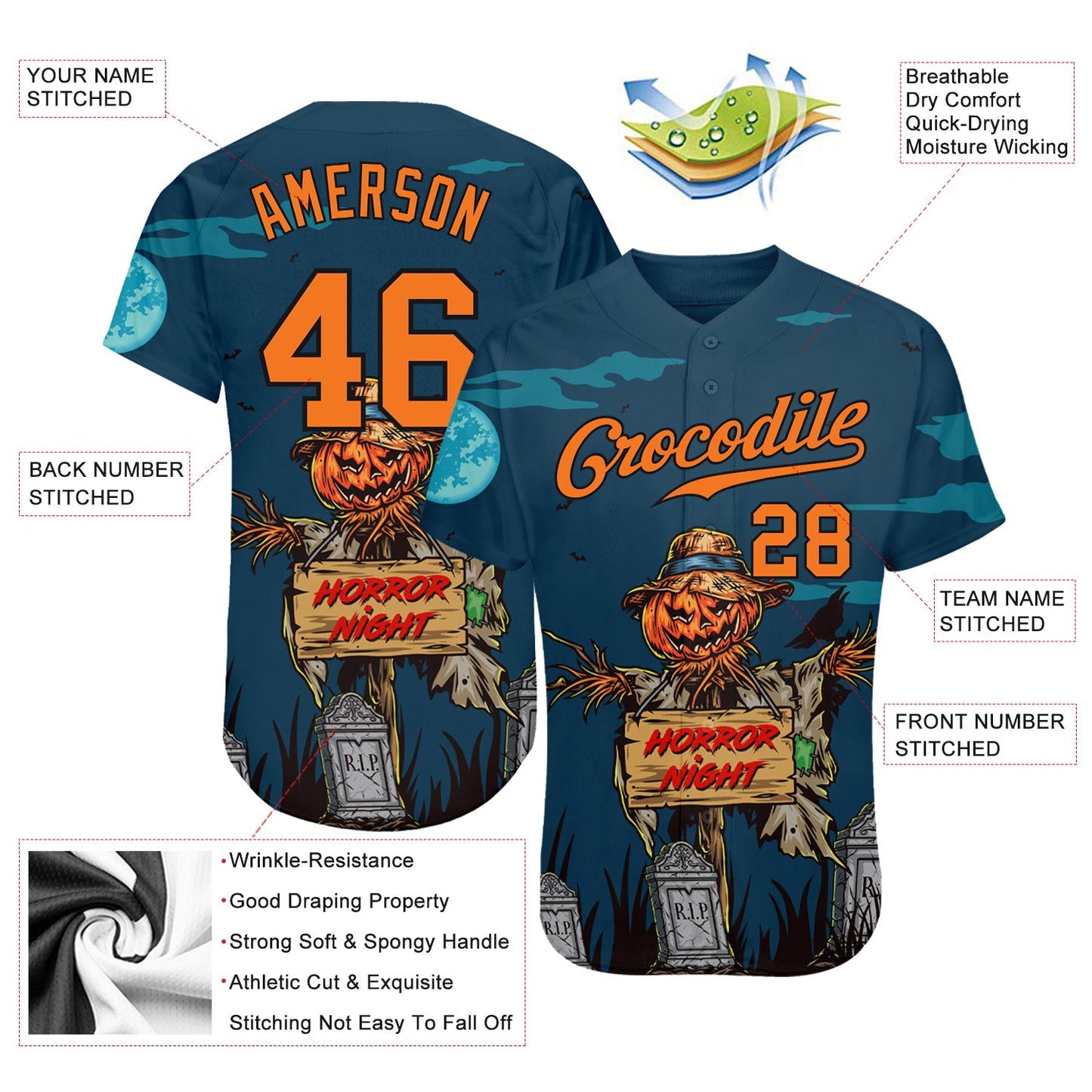 Custom 3D Pattern Halloween Pumpkins Horror Night Authentic Baseball Jersey view 3