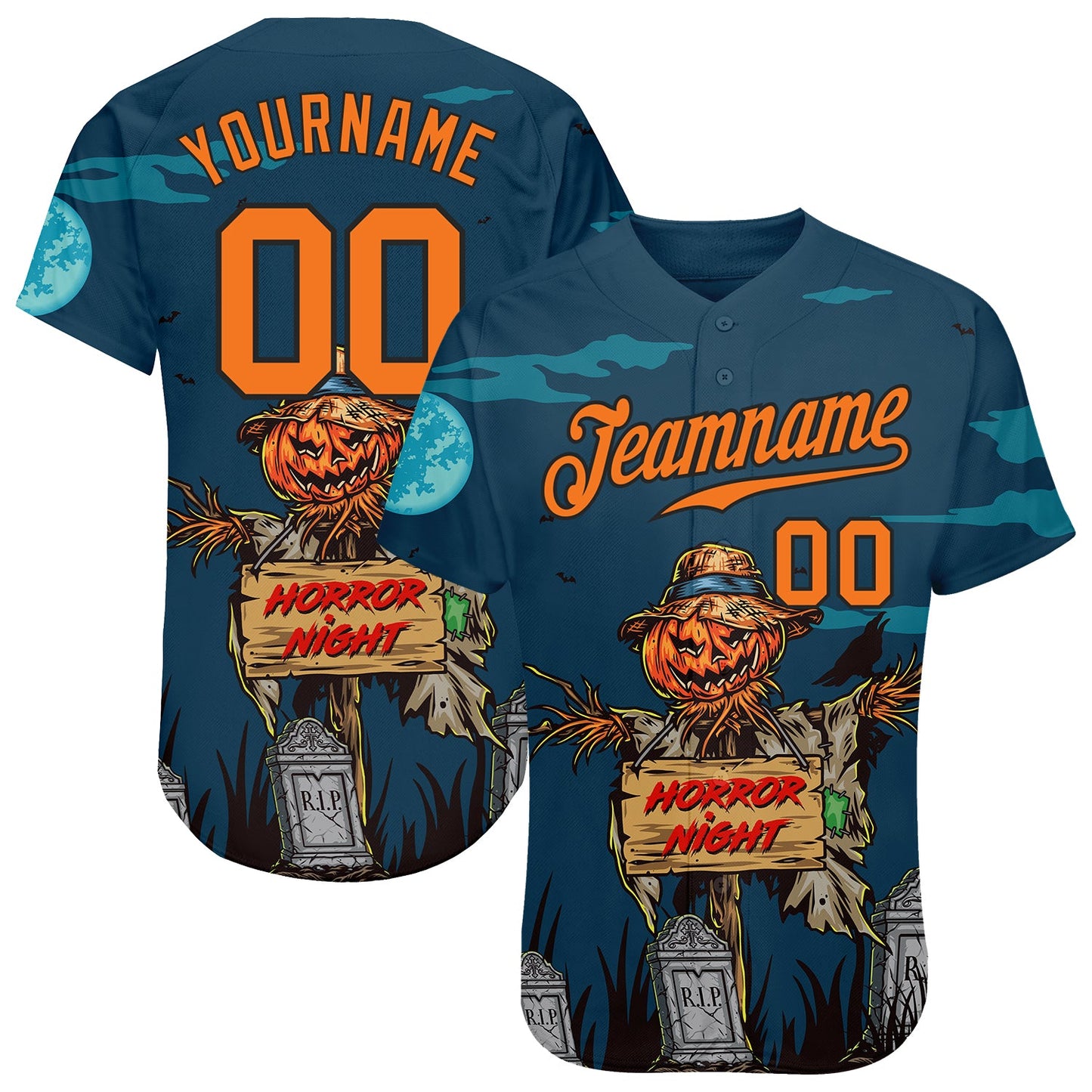 Custom 3D Pattern Halloween Pumpkins Horror Night Authentic Baseball Jersey - Main View