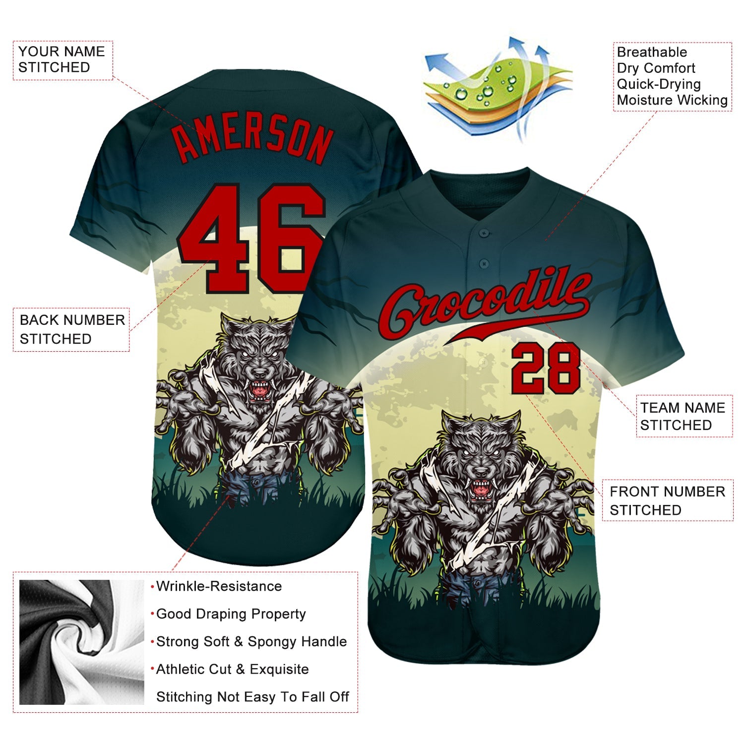 Custom 3D Pattern Halloween Trick Treat Horror Night Authentic Baseball Jersey view 3