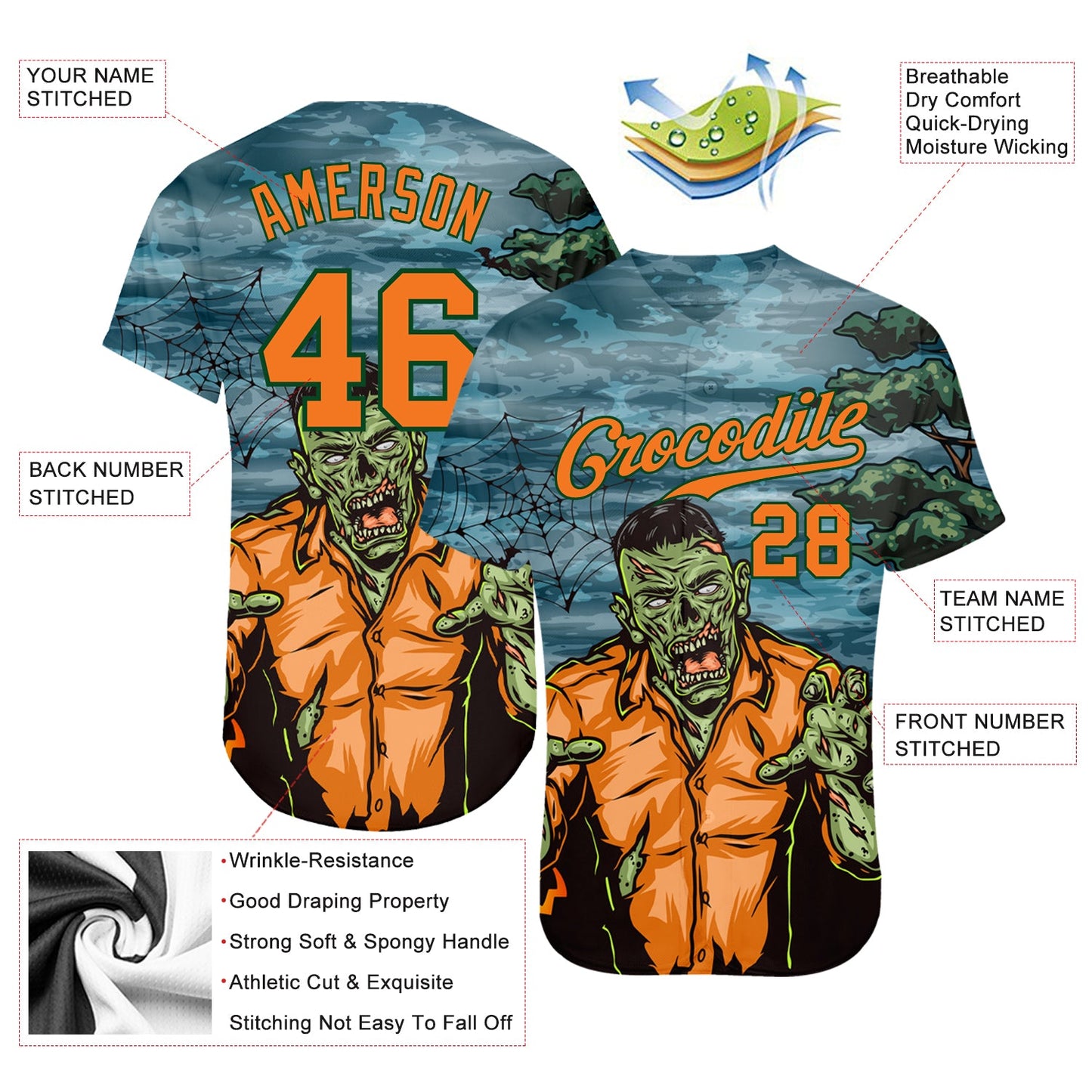 Custom 3D Pattern Halloween Trick Treat Horror Night Authentic Baseball Jersey view 3