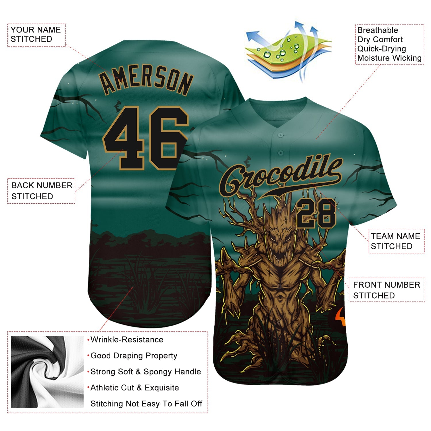 Custom 3D Pattern Halloween Trick Treat Horror Night Authentic Baseball Jersey view 3