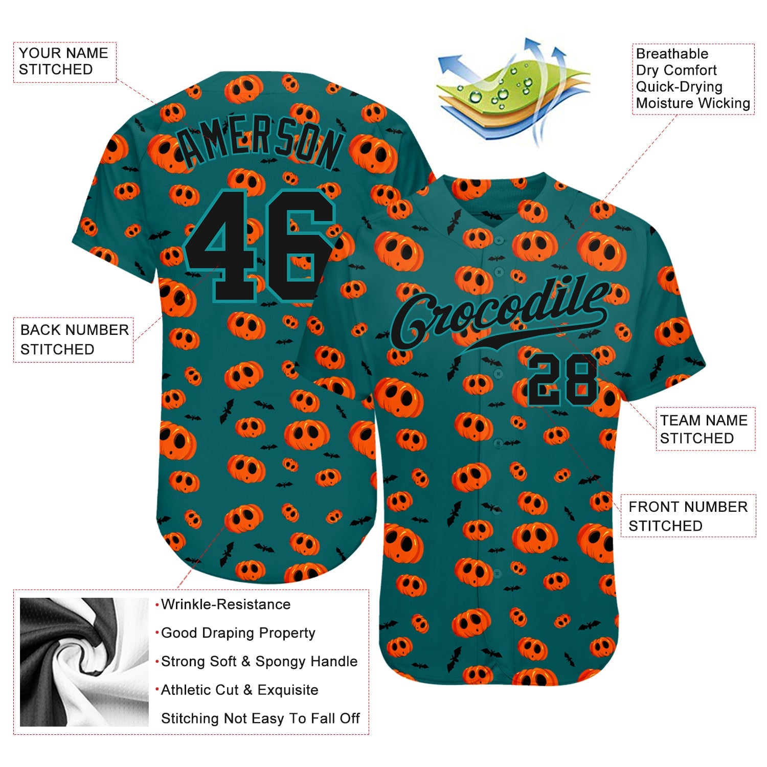 Custom 3D Pattern Halloween Pumpkins Authentic Baseball Jersey view 3