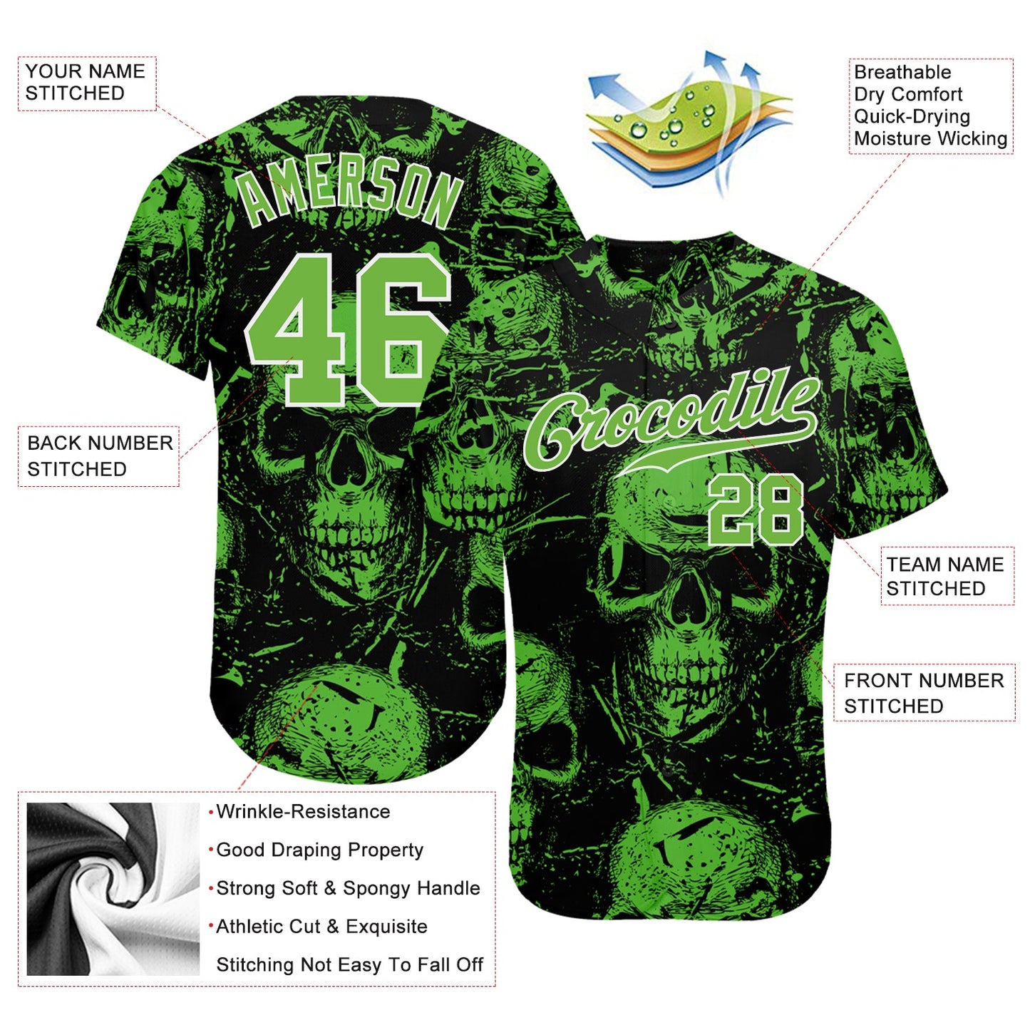 Custom 3D Pattern Halloween Skulls Authentic Baseball Jersey view 3